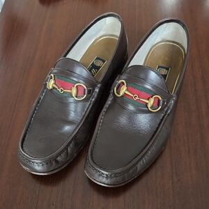 Gucci Vintage Brown Leather Men's Horsebit Web Loafers